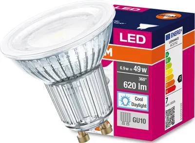 A product shot of an LED light bulb and its packaging.