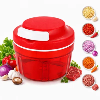Produktbild von Gemüseschneider Zwiebelhacker, 300ML Manueller Lebensmittelzerkleinerer, Haushalt Kordelzug Design Zerkleinerer Fleischmixer Küche Kochen Zubehör rot