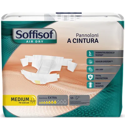 Immagine prodotto di Soffisof Air Dry Pannoloni con Cintura Extra M - 15x Pannoloni per Anziani - Assorbenza 7 Gocce - Ausili Incontinenza Uomo e Donna, Confezione Singola