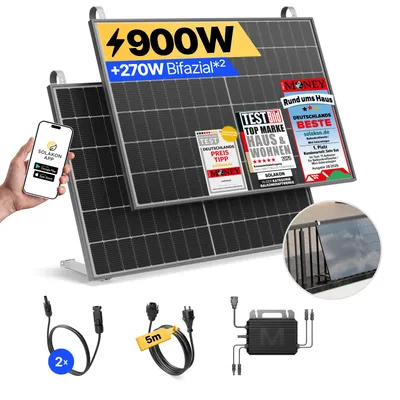 Produktbild von Balkonkraftwerk 900W Solaranlage mit Balkon Halterung Steckerfertig Komplettset Photovoltaik Anlage 800W, Kabellänge: 5m, Solakon - onLite