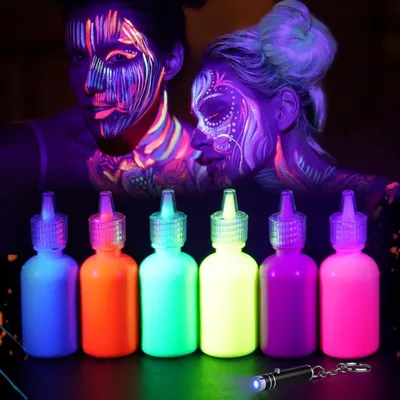 Produktbild von UV Bodypainting Set 6x30ml Schwarzlicht Farben Lila Rot Orange Gelb Grün Blau Waschbar