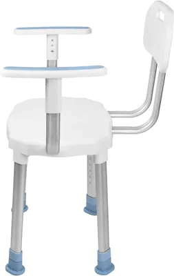 A side view of a white and blue adjustable shower chair with silver legs and blue non-slip feet, set against a plain white background.