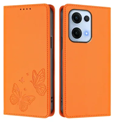Produktbild von Lederhülle für Oppo Reno13 5G, Schmetterling Prägung Leder Brieftasche Schutzhülle mit Ständer Orange