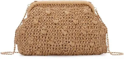 Produktbild von Unyqoos® Geflochtene Strohtasche für Damen – Sommer‑Clutch aus Papierkordel mit Polyesterfutter, 30×20 cm, Kiss‑Lock‑Verschluss & abnehmbare Kette