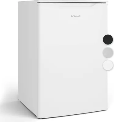 A white Bomann mini-refrigerator is shown from a three-quarter angle against a white background. Three colored circles (black, gray, and white) are displayed to the right of the refrigerator, indicating color options.