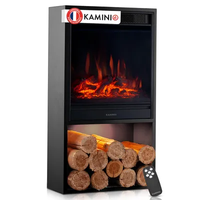 Image de Cheminée électrique KAMINIO HUGO - Poêle électrique avec chauffage, effet flamme 3D, éclairage d'ambiance LED, compartiment à bois, télécommande - Noir, Image générée par une IA