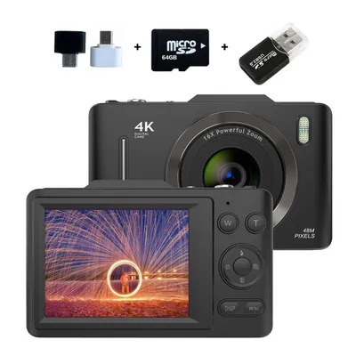 A digital camera and its accessories are displayed against a white background.