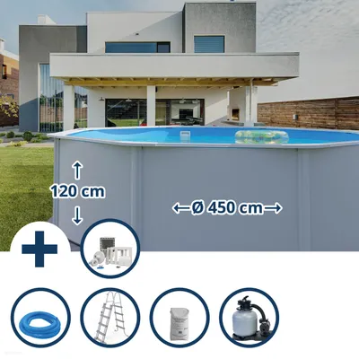 Produktbild von Stahlwandpool Set (5-teilig) hoch rund Classic 460 x 120 cm, Stahl 0,4 mm weiß Folie 0,3 mm blau