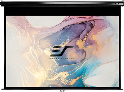 A projection screen with a colorful abstract design displayed on it.