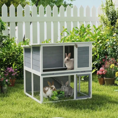 Produktbild von Kaninchenstall 2 Etagen mit PET-Dach, Hasenstall Freilaufgehege Rampe, Tannenholz, Grau | 98x95x102,5 cm | 1,5 m² | 19,5 kg