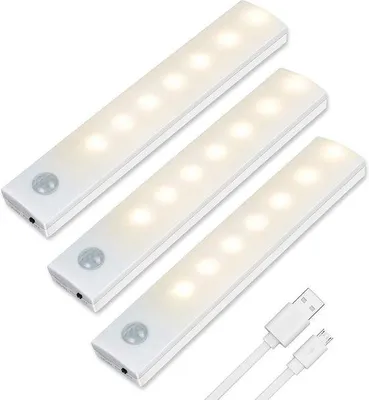Image de Applique LED avec capteur de mouvement, lot de 3, pour éclairage sous les meubles, rechargeable, lumière blanc chaud