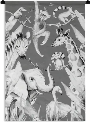 Produktbild von MuchoWow® Wandteppich Wandbehang Aquarellieren - Tiere - Dschungel - Jungen - Blau - Kinder 90x135 cm Tapisserie Dekoration Wandtuch - Baumwolle - Wandskulptur