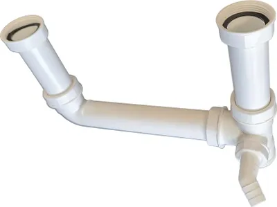 A white plastic sink drain connection kit with a height adjustment feature for double sinks.