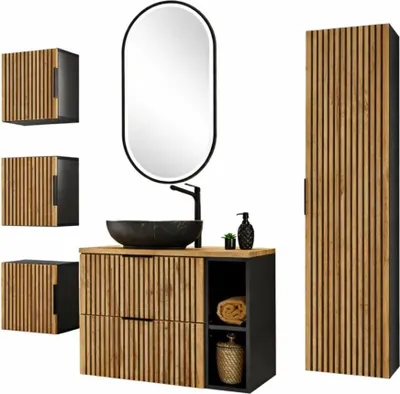 Image de Ensemble KINOKO : meuble sous vasque 80cm + vasque noire ronde à poser + miroir LED + meubles de rangement