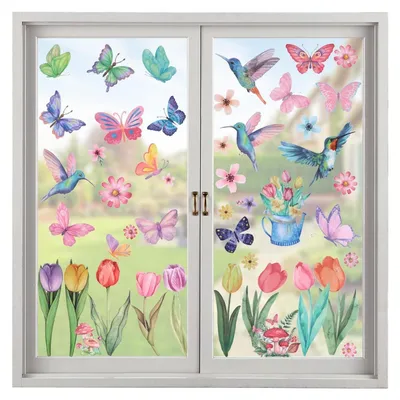 Immagine prodotto di Adesivi per finestre a tema fiori, primaverile, 8 fogli, fronte-retro, riutilizzabili, autoadesivi, in PVC