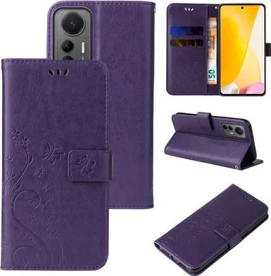 Produktbild von Handyhülle für Xiaomi 12 / 12X Floral Blumen Schmetterling Flip Cover Hülle Case Klapphülle Handytasche Farbe: Violett
