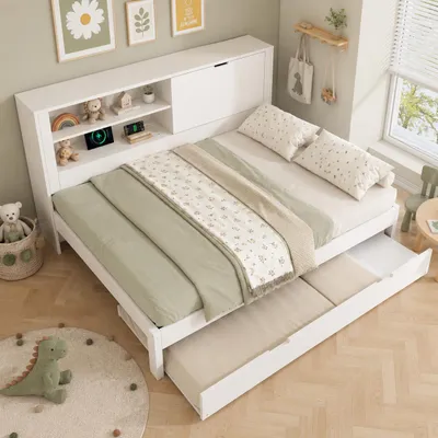 Productafbeelding van Slaapbank 140 x 190 cm met uitschuifbed 90 x 190 cm, opbergruimte achter de rugleuning, USB/USB-C laadstation, lattenbodem, wit, zonder matras
