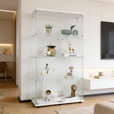 Productafbeelding van INONEFT Glazen vitrine met dubbele deuren, staande vitrine met 4 planken en LED-verlichting, vitrinekast voor verzamelobjecten, wit, 80,5 x 36 x 164 cm