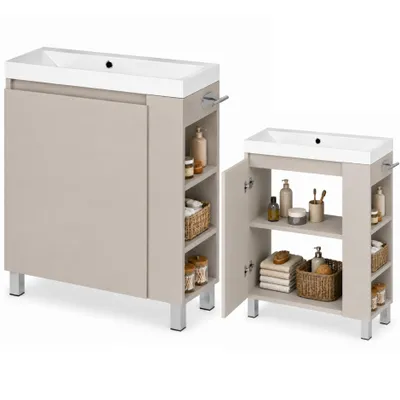 Produktbild von Waschbecken mit Waschtischunterschrank 57, Badezimmermöbel, freistehend/wandmontiert, Gäste-WC, Schrank, links-rechts, Kaschmir, Beige
