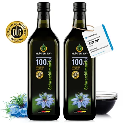 Produktbild von Kräuterland Premium Schwarzkümmelöl, 2x 1 Liter ungefiltert, kaltgepresst, Europas größte Ölmühle im Online-Handel, 22 Jahre Erfahrung, mühlenfrisch