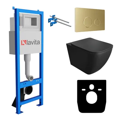 Produktbild von Lavita LAV 101 Vorwandelement für WC 40cm + Wand Hänge Tiefspül WC ONIL Schwarz Spülrandlos + Bedienplatte LAV 200.4.5 Gold | Komplettset | Unterputz Spülkasten | Toilette Komplett Sett