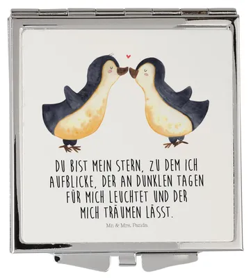 Produktbild von Mr. & Mrs. Panda Reise Spiegel Pinguin Liebe - Weiß - Geschenk, Vertraut, glücklich, Liebesspruch, Taschenspiegel, Klappspiegel, Kosmetikspiegel, Frauen, Kleiner