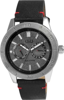 Produktbild von Q&Q Herrenuhr mit Echtlederarmband, schwarz, 5 bar