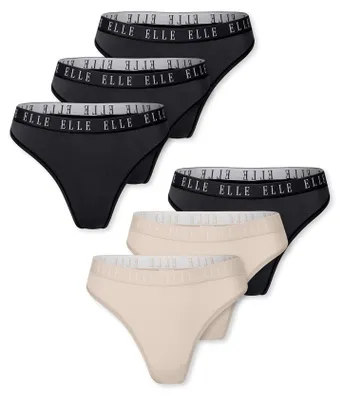 Produktbild von ELLE Damen Tanga 6-Pack Thong - ELLE LOGO - Classic Mix - Größe XL