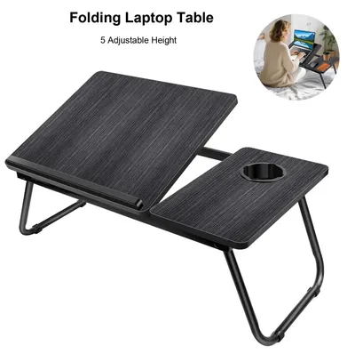 Obrázek produktu pro Skládací stolek na notebook – noční stolek a stolek k pohovce – 5 úrovní nastavení výšky – s držákem na nápoje – deska z MDF – kovová konstrukce – obdélníkový tvar – černá barva