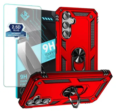 A red phone case and screen protector are displayed.