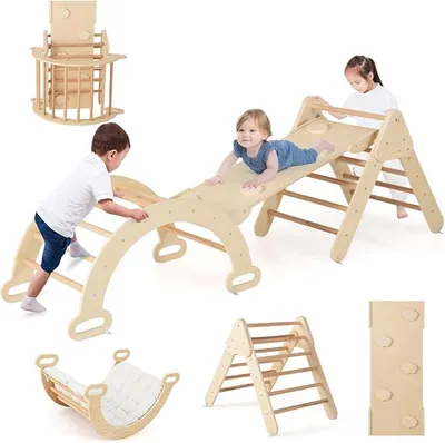 Imagen del producto de Estructura de juego triangular con tobogán, barra de escalada, incluyendo cojines y una rampa de doble cara, para escalar, deslizarse y balancearse. Estructura de juego interior 4 en 1, apta para niños a partir de 1 año (color madera)