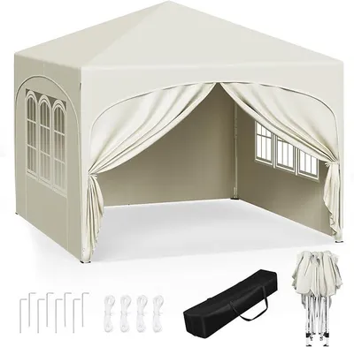 Produktbild von Pavillon, Faltpavillon 3x3 m, mit 4 Seitenwänden, Partyzelt wasserabweisend UV-Schutz 50+, höhenverstellbarer Gartenpavillon, mit Tragetasche, für Outdoor Garten Camping Beige