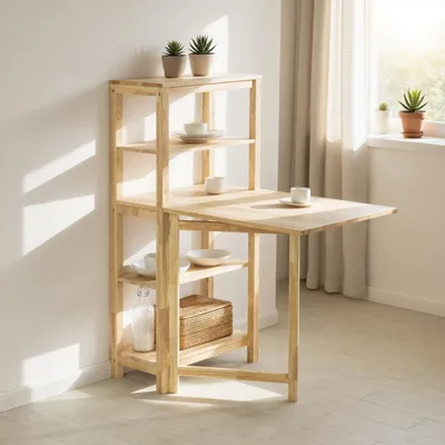 Image de Table pliante pour repas – Table de cuisine avec 3 étagères de rangement – Bois d'hévéa massif – Gain de place