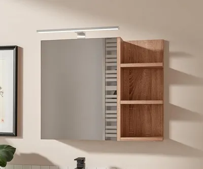 A bathroom cabinet with a mirror and shelves, mounted on a wall.