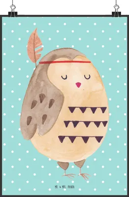 Produktbild von Mr. & Mrs. Panda Bild Eule Federschmuck DIN A0 - Türkis Pastell - Geschenk, Owl, Dekoration, drucke, wanddeko, Waldtiere, Plakat, Wandbild, Wanddekoration, Abenteuer