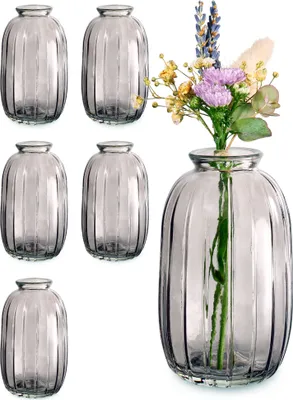 Produktbild von Kleine Glasvasen - 6er Set - Vintage Stil - Runde & Stabile Blumenvasen - Spülmaschinenfest - Perfekt für Hochzeit Tischdeko - Grau