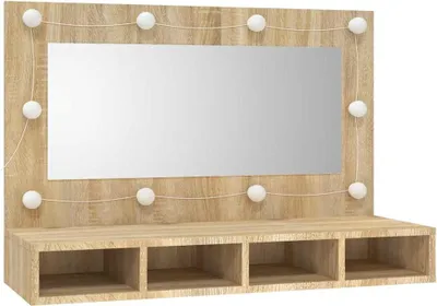 A vanity mirror with LED lights and storage shelves.