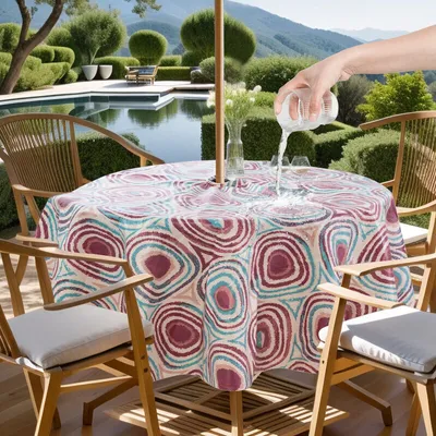 Obrázek produktu pro ( 150*150cm, červené stromové kroužky ) Voděodolný ubrus venkovní ubrus s otvorem na deštník a zipem terasový ubrus kulatý na piknik grilování zahrada terasa balkon