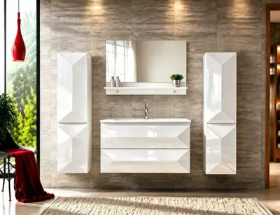 Produktbild von Faizee Home Miran Badmöbel-Set 60 oder 90 cm Weiß Hochglanz mit Keramik-Waschbecken, Spiegel und Soft-Close, 0–2 Seitenschränke 2 Seitenschränke 90 cm