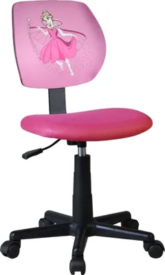 A pink children's desk chair with a princess design on the back.