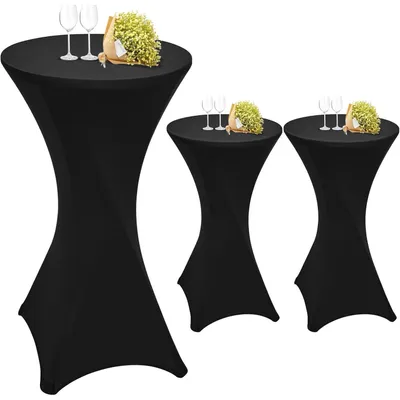 Immagine prodotto di Copri tavoli da bar, set da 3 pezzi, colore nero, per tavoli con diametro da 60-65 cm, tovaglia elasticizzata con tasche laterali