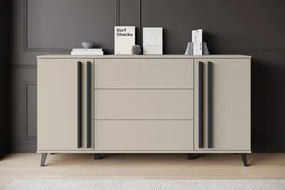 Zdjęcie produktu dla MINIO go for it, komoda „HURON”, 150 cm, 2 drzwi, 3 szuflady, system Push-to-Open, z nóżkami, kolor Beige Congo / Czarny