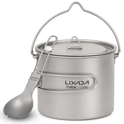 Produktbild von Lixada Titanium Tasse Camping Topf mit Deckel und faltbarem Spork,1100m Leichtgewicht Picknick Kochgeschirr, für Outdoor Camping Wandern Rucksack Picknick
