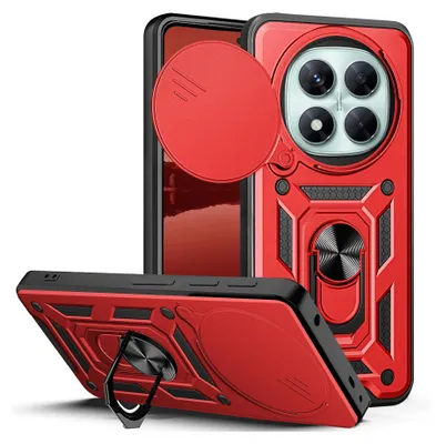 A red and black phone case with a camera cover and a ring stand, shown from multiple angles.