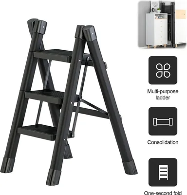 Immagine prodotto di Scala domestica - Scala pieghevole a 3 gradini - Acciaio - Gradini e piedini antiscivolo - Corrimano di sicurezza - Portata massima 120 kg