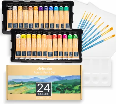 Produktbild von Artecho Acrylfarbe 24x22ml Acrylfarben mit 10 Pinseln, 2 Malkartons,1 Palette, für Papier, Ton, Holz, Steine – zum Reisen, Malen & Freude verschenken