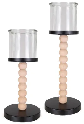 Produktbild von Teelichthalter 2er Set Holz-Metall mit Glas Natur-Schwarz 24 & 30 cm