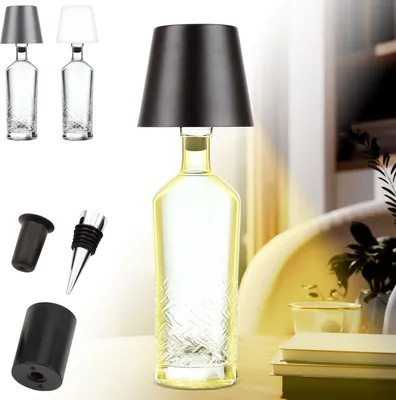 A collage of a bottle lamp, accessories, and a lifestyle shot of the lamp.