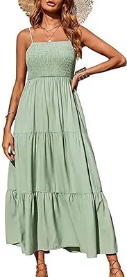 Produktbild von Damen Sommer Maxikleid Ärmellos mit Spaghettiträgern, Gesmokt, Gestuft, Boho-Langer Strandkleid