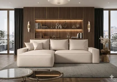 Image de Canapé d’angle CALIFORNIA gauche beige clair maille Aragon 3 - fonction couchage, coffre de rangement pour la literie